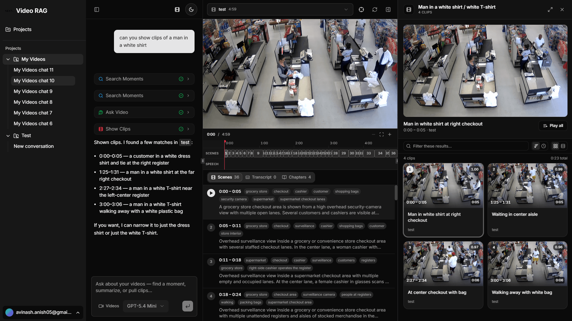 The FalconVQA workspace: agent chat, scene timeline and clip reel panel